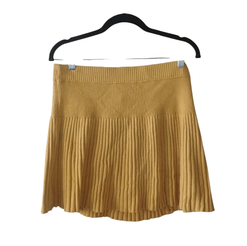 Aerie Yellow Ribbed Mini Feminine Fit And Flare Elastic Waist Skirt SZ L